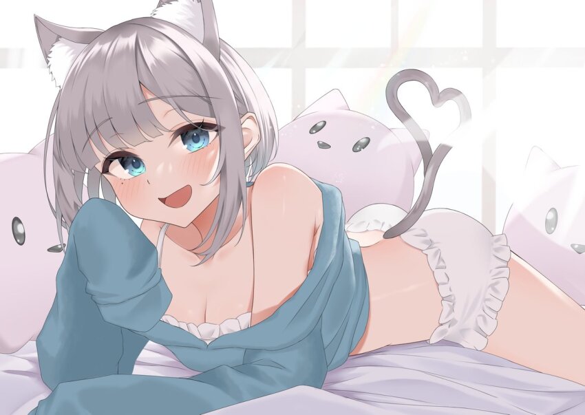 1girl :d animal_ear_fluff animal_ears ass bed_sheet bikini blue_eyes blue_shirt blush breasts cat_ears cat_tail cleavage collarbone cowboy_shot frilled_bikini frills grey_hair indoors kaga_sumire kemonomimi_mode looking_at_viewer lying medium_breasts medium_hair mole mole_under_eye multiple_tails off-shoulder_shirt off_shoulder on_bed on_stomach open_mouth parted_bangs shirt sidelocks sleeves_past_fingers sleeves_past_wrists smile solo stuffed_toy swimsuit tail touch_(uo2iqsbub291352) virtual_youtuber vspo! white_bikini window