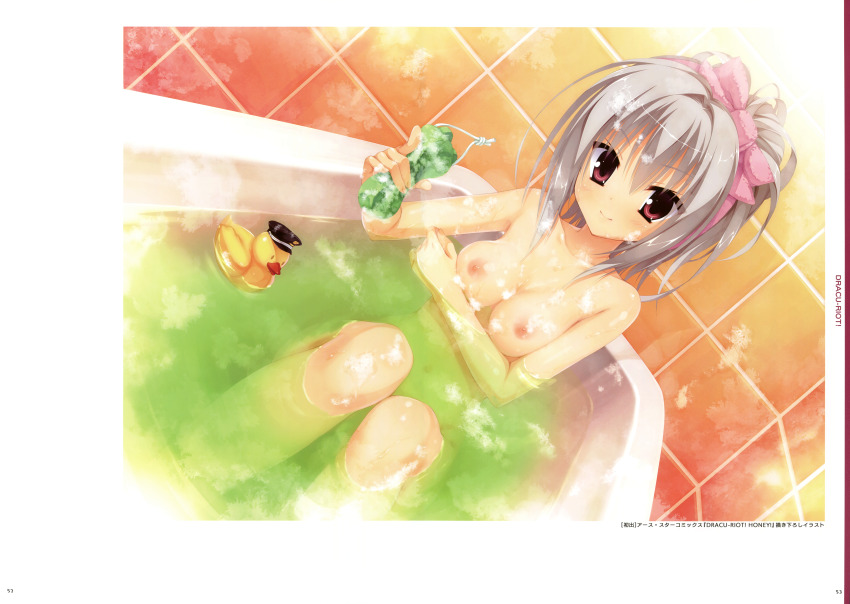 &gt;:) 1girl absurdres arm_under_breasts bathing bathtub blush bow breasts cleavage closed_mouth completely_nude copyright_name dracu-riot! dutch_angle elena_olegovna_owen eyes_visible_through_hair grey_hair hair_between_eyes hair_bow highres holding holding_sponge indoors knees_up kobuichi long_hair looking_at_viewer medium_breasts nipples nude official_art pink_bow ponytail red_eyes rubber_duck scan sitting smile soap_bubbles solo split_mouth sponge steam tile_wall tiles v-shaped_eyebrows wet