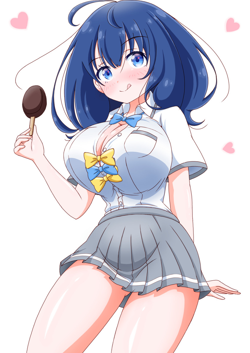 1girl :p ahoge blue_bow blue_eyes blue_hair blush bow breasts bursting_breasts cleavage closed_mouth collared_shirt food fudgesicle grey_skirt hair_between_eyes heart highres holding holding_food huge_breasts imai_kazunari large_breasts licking_lips looking_at_viewer make_heroine_ga_oo_sugiru! medium_hair school_uniform shirt short_sleeves simple_background skirt smile solo standing thighs tongue tongue_out white_background white_shirt yanami_anna yellow_bow