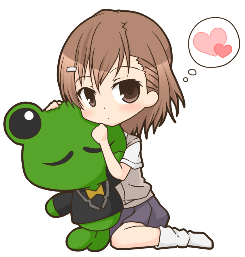 1girl brown_eyes brown_hair chibi closed_mouth dot_mouth eyelashes gekota hair_ornament hairclip heart kneeling light_blush mimi_livly misaka_mikoto pleated_skirt shirt short_hair skirt socks solo speech_bubble stuffed_animal stuffed_frog stuffed_toy sweater_vest thought_bubble toaru_majutsu_no_index white_background white_shirt white_socks