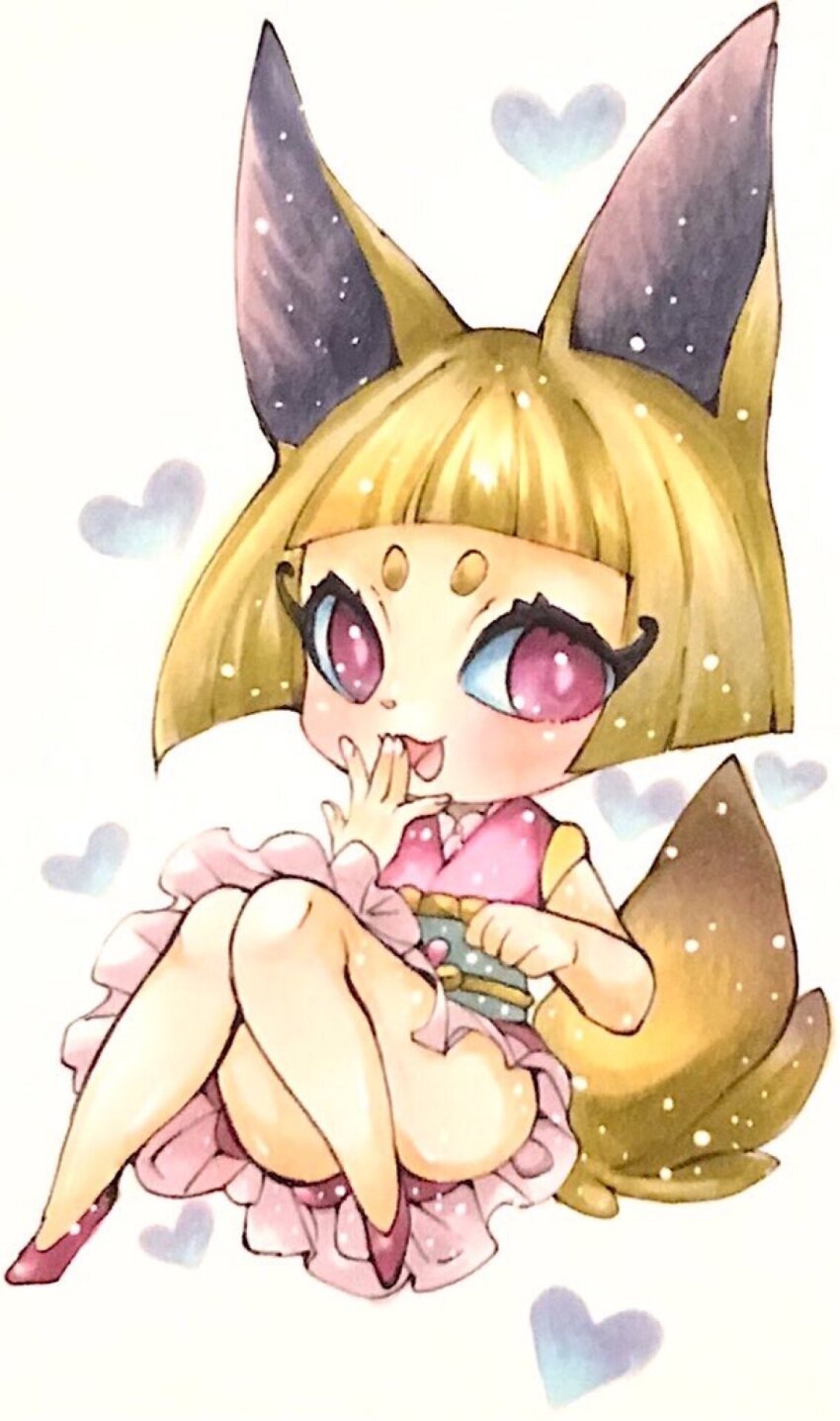 1girl animal_ears blonde_hair blunt_bangs blush bob_cut chibi convenient_leg female_focus flat_chest fox_ears fox_girl fox_tail frilled_kimono frills full_body hand_to_own_mouth hands_up happy heart heart_background highres japanese_clothes kimono knees_together_feet_apart knees_up kon-tan legs light_blush looking_at_viewer mofu_(moffuri_sippo) obi open_mouth pink_kimono purple_eyes purple_footwear sash shoes short_hair sidelocks sitting sleeveless sleeveless_kimono smile solo tail thighs traditional_media white_background youkai_watch youkai_watch_3