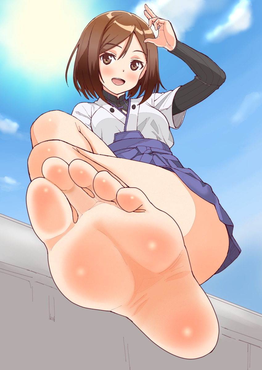 1girl asikoma7777 barefoot blush brown_eyes brown_hair feet highres kuroda_kunika looking_at_viewer medium_hair open_mouth soles strike_witches toes world_witches_series