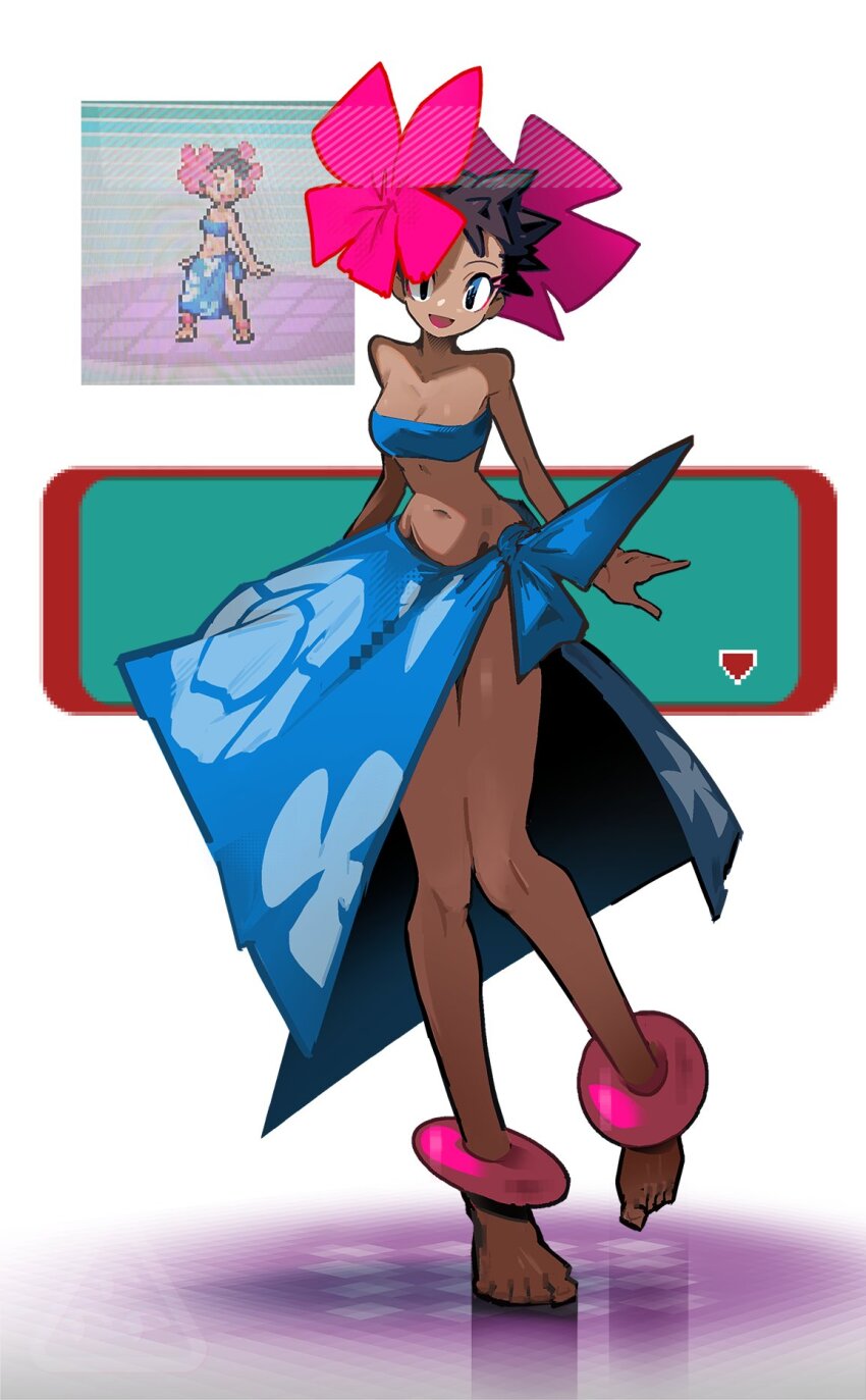 1girl :d bandeau barefoot blue_bandeau blue_eyes blue_sarong breasts brown_hair cleavage clothes_lift commentary creatures_(company) dark-skinned_female dark_skin eyelashes feet full_body game_freak highres leaning_forward looking_at_viewer medium_breasts navel nintendo open_mouth phoebe_(pokemon) pokemon pokemon_rse print_sarong sarong sarong_lift scene_reference shakeeeeeeeee short_hair simple_background smile solo standing thighs toes white_background