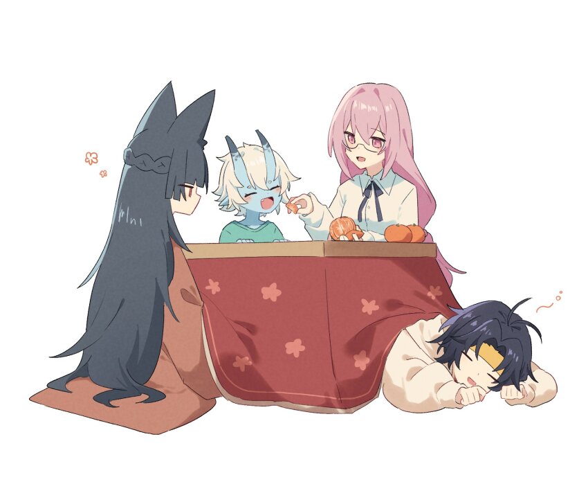 1boy 3girls animal_ears asaba_harumasa black_hair blue_skin closed_eyes colored_skin food fox_ears fox_girl fruit glasses hair_between_eyes highres hoshimi_miyabi long_hair multiple_girls oni open_mouth orange_(fruit) parted_bangs pink_eyes pink_hair pointy_ears sanmi_kan short_hair sidelocks simple_background sitting sleeping smile soukaku_(zenless_zone_zero) tsukishiro_yanagi white_background white_hair zenless_zone_zero