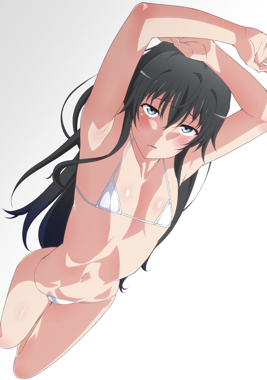 1girl absurdres ahoge armpits arms_up bikini black_hair blue_eyes blush flat_chest highres long_hair looking_at_viewer lying micro_bikini on_back parted_lips shou937 sidelocks simple_background solo swimsuit white_background white_bikini yahari_ore_no_seishun_lovecome_wa_machigatteiru. yukinoshita_yukino