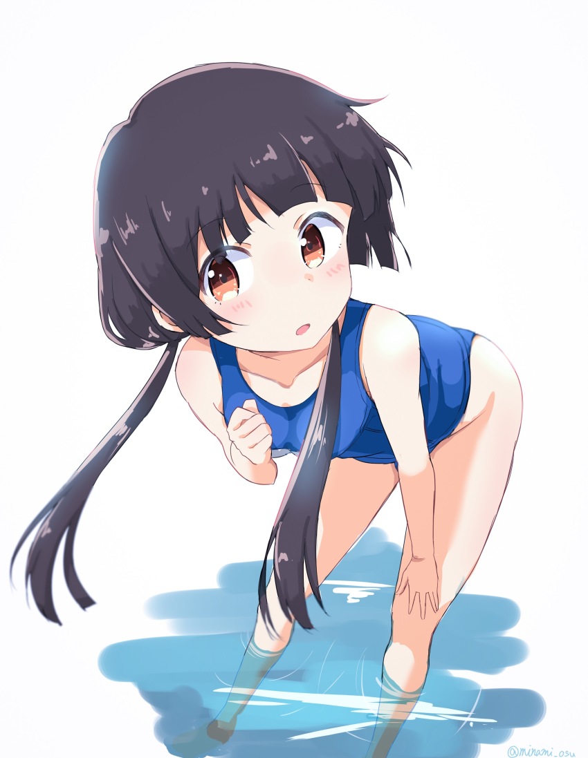 10s 1girl :o absurdres amayadori_machi barefoot bent_over blunt_bangs blush breasts brown_eyes brown_hair clenched_hand collarbone commentary_request female_focus hand_on_own_leg highres kumamiko leaning_forward long_hair looking_at_viewer low_twintails minami_osu one-piece_swimsuit open_mouth pants school_swimsuit small_breasts solo swimsuit twintails twitter_username wading water white_background