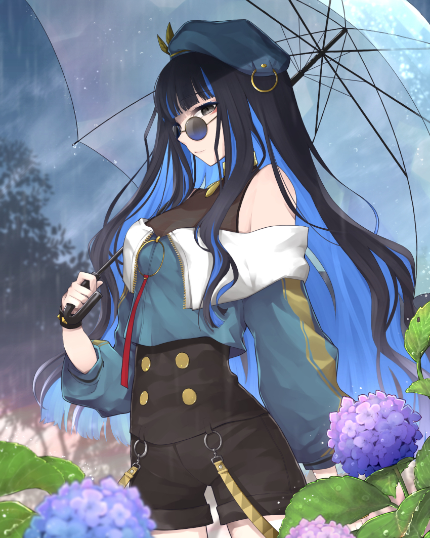 beret black_hair blue-tinted_eyewear blue_hair colored_inner_hair fate/grand_order fate_(series) flower green_hat green_jacket grey_eyes hat hazuki-a highres jacket jewelry looking_over_eyewear multicolored_hair neck_ring o-ring purple-tinted_eyewear round_eyewear sunglasses tenochtitlan_(fate) tenochtitlan_(second_ascension)_(fate) tinted_eyewear two-tone_hair umbrella wavy_hair zipper