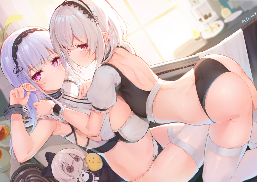 2girls armpits asla_yu ass azur_lane bare_shoulders black_hairband black_panties breasts character_doll closed_mouth dido_(azur_lane) hair_between_eyes hairband highres indoors large_breasts long_hair looking_at_viewer manjuu_(azur_lane) multiple_girls no_pants panties puffy_short_sleeves puffy_sleeves purple_eyes red_eyes short_hair short_sleeves signature sirius_(azur_lane) sleeveless thighhighs thighs underwear white_hair white_legwear window