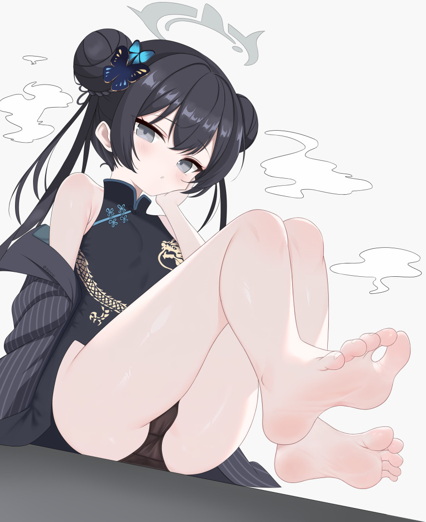 1girl absurdres barefoot black_hair blue_archive blush china_dress chinese_clothes double_bun dress feet grey_eyes gugu0v0 hair_bun highres kisaki_(blue_archive) long_hair looking_at_viewer panties pantyshot parted_lips soles toes underwear