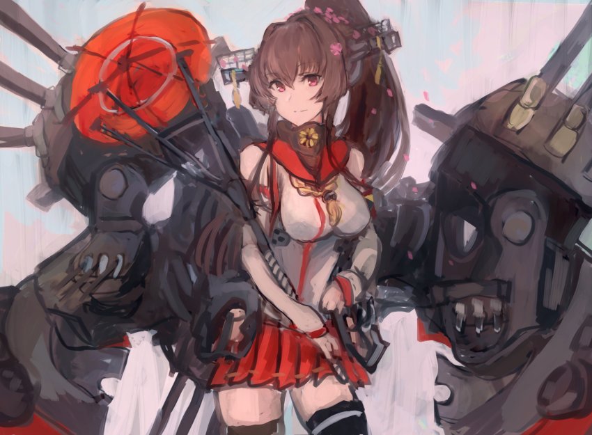 1girl absurdres breasts brown_hair cherry_blossoms chrysanthemum flower hair_between_eyes hair_flower hair_ornament highres kantai_collection large_breasts long_hair looking_at_viewer moor painterly parasol red_eyes red_skirt rigging ship_turret side_ponytail skirt solo thighhighs thighs umbrella white_background yamato_(kancolle) zettai_ryouiki