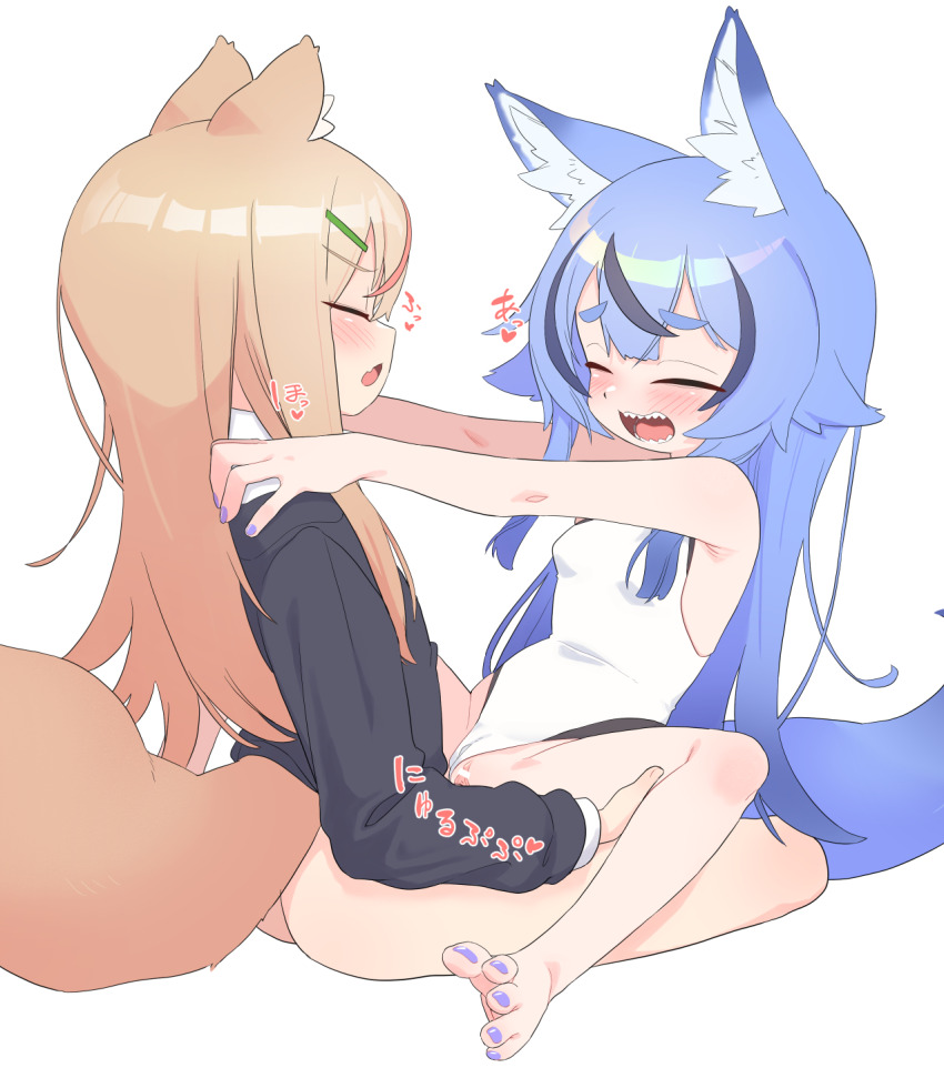 1boy 1girl animal_ear_fluff animal_ears bar_censor bare_arms bare_shoulders black_cardigan blonde_hair blue_hair blush borrowed_character bottomless cardigan censored closed_eyes clothed_sex commentary_request fang fox_ears fox_tail foxx-chan_(foxxre) from_side hair_ornament hairclip hands_on_another&#039;s_shoulders heart hetero highres konatsu_(owasaki) leg_grab long_hair multicolored_hair nail_polish one-piece_swimsuit open_mouth original outstretched_arms owasaki purple_nails pussy sex sharp_teeth simple_background skin_fang sound_effects spread_legs straddling streaked_hair swimsuit tail teeth thick_eyebrows toenail_polish toenails trap trap_on_female two-tone_hair upright_straddle variant_set white_background white_one-piece_swimsuit