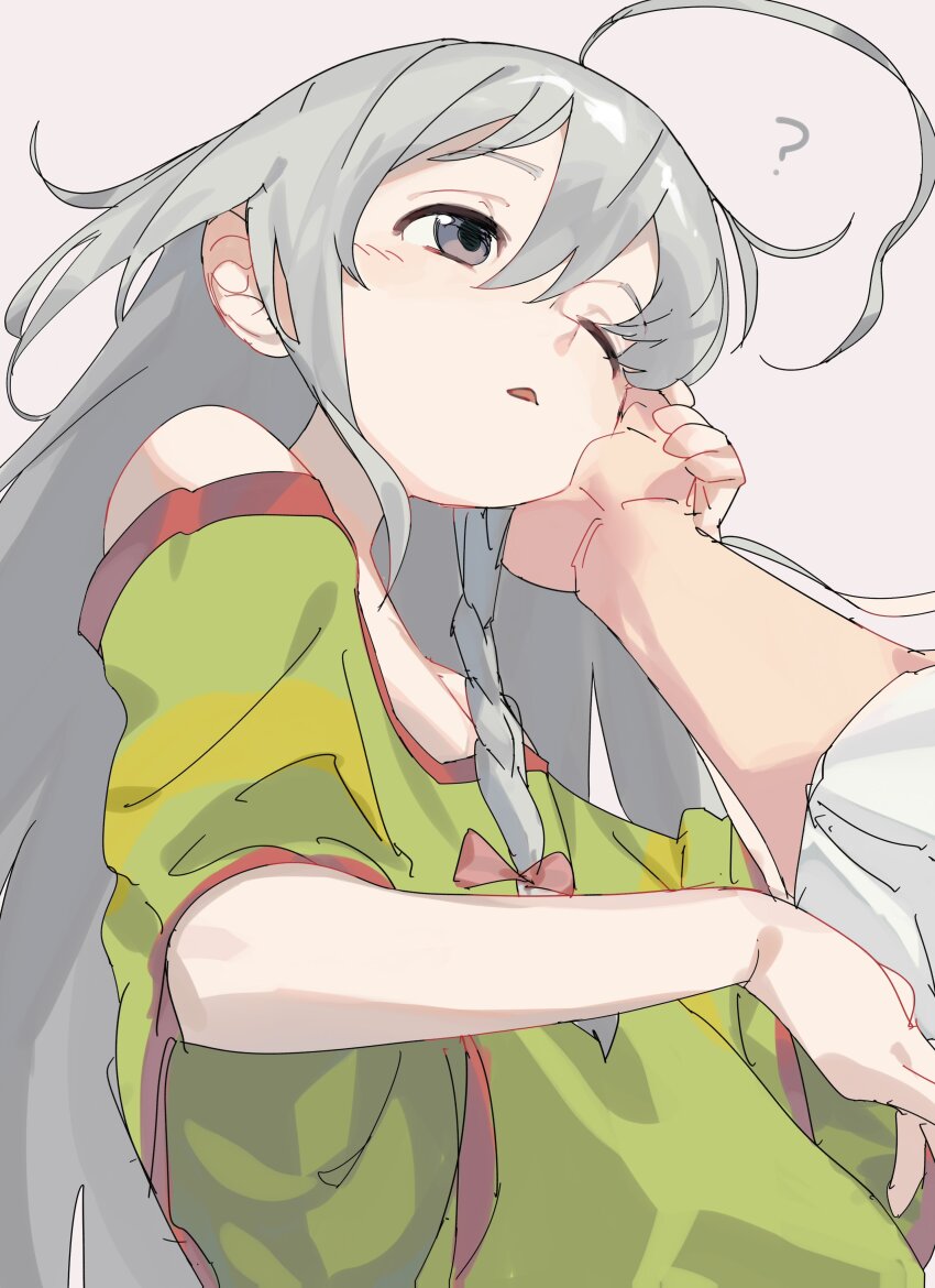 1boy 1girl ? absurdres ahoge blush commentary_request grey_eyes grey_hair hand_on_another&#039;s_cheek hand_on_another&#039;s_face highres hoshi_syoko idolmaster idolmaster_cinderella_girls long_hair looking_to_the_side one_eye_closed producer_(idolmaster) shirt solo_focus t-shirt takesoboro upper_body