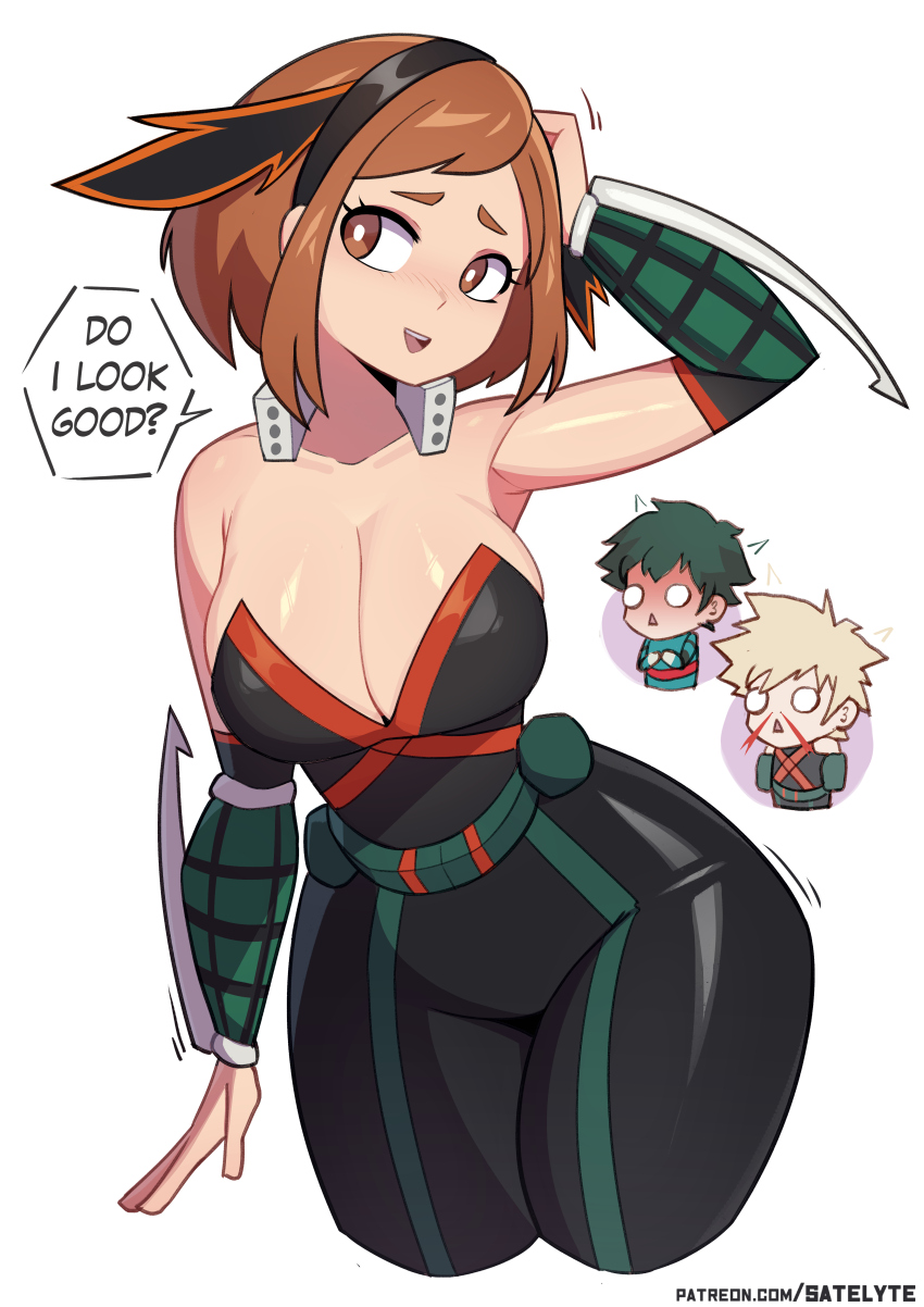 1girl 2boys absurdres adapted_costume bakugou_katsuki bakugou_katsuki_(cosplay) black_bodysuit blonde_hair blood blush bodysuit boku_no_hero_academia breasts brown_eyes brown_hair cleavage cosplay costume_switch english_text explosive gloves green_hair grenade highres large_breasts midoriya_izuku multiple_boys nosebleed open_mouth satelyte short_hair skin_tight smile spiked_hair superhero_costume thick_thighs thighs uraraka_ochako wide_hips