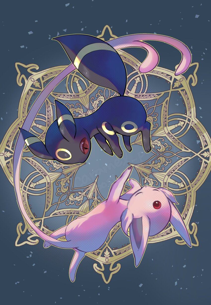 black_eyes caramel_pkmn closed_eyes colored_sclera creatures_(company) espeon forehead_jewel forked_tail game_freak gen_2_pokemon highres nintendo no_humans pokemon pokemon_(creature) red_sclera sidelocks slit_pupils tail umbreon