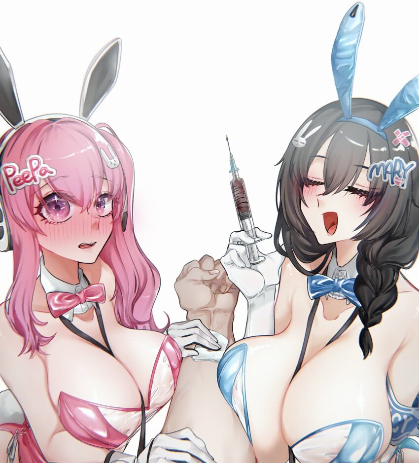 1boy 2girls animal_ears between_breasts bibie307 black_hair blue_bow blue_bowtie blue_leotard blush bow bowtie breasts closed_eyes detached_collar elbow_gloves fake_animal_ears fake_tail gloves goddess_of_victory:_nikke headphones highres holding holding_syringe huge_breasts large_breasts leotard long_hair looking_at_viewer mary_(medical_rabbit)_(nikke) mary_(nikke) multiple_girls official_alternate_costume open_mouth pepper_(nikke) pink_bow pink_bowtie pink_hair pink_leotard playboy_bunny purple_eyes rabbit_ears rabbit_tail see-through_clothes see-through_leotard side_ponytail sidelocks strapless strapless_leotard syringe tail white_gloves