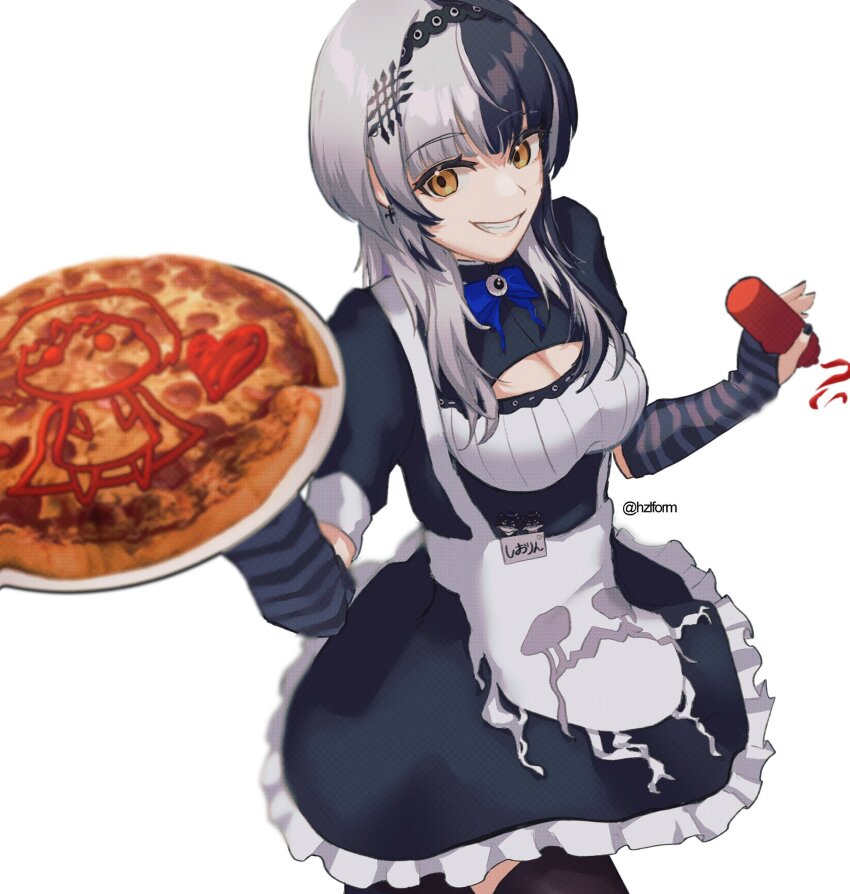 1girl alternate_costume apron black_arm_warmers black_dress black_hair black_hairband black_thighhighs bottle breasts cleavage dress enmaided food frilled_dress frills grey_hair hair_ornament hairband hazel_(hzlform) highres holding holding_bottle holding_tray hololive hololive_english ketchup_bottle long_hair maid medium_breasts multicolored_hair pizza shiori_novella simple_background solo split-color_hair striped_arm_warmers thighhighs tray two-tone_hair virtual_youtuber waist_apron white_apron white_background yellow_eyes