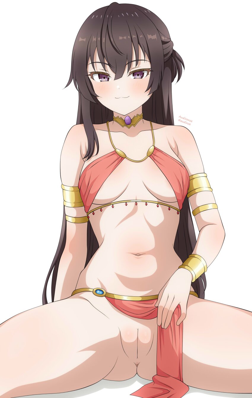 1girl absurdres alternate_costume anus arabian_clothes armlet ass audirenze bikini bikini_top_only breasts brown_eyes brown_hair clothing_aside commentary_request harem_outfit highres jewelry loincloth loincloth_aside long_hair looking_at_viewer navel neck_ring pelvic_curtain presenting pussy red_bikini revealing_clothes sitting small_breasts solo spread_legs suou_yuki swimsuit tokidoki_bosotto_roshia-go_de_dereru_tonari_no_alya-san uncensored