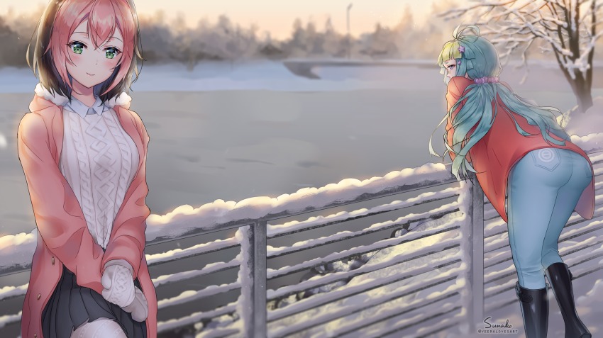 ass bad_id bad_pixiv_id black_hair boots braid christmas dyed_bangs fence green_eyes green_hair hair_ornament highres jacket long_hair mittens mocha_(osu!) osu! outdoors pink_hair pippi_(osu!) purple_eyes short_hair snow star_(symbol) sunako sweater tree winter