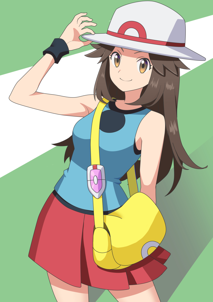 1girl bag blue_shirt brown_eyes brown_hair bucket_hat buni_guun closed_mouth commentary_request cowboy_shot creatures_(company) eyelashes game_freak green_background hair_flaps hat highres leaf_(pokemon) long_hair nintendo pleated_skirt pokemon pokemon_frlg shirt shoulder_bag sidelocks skirt sleeveless sleeveless_shirt smile solo vs_seeker white_hat wristband yellow_bag