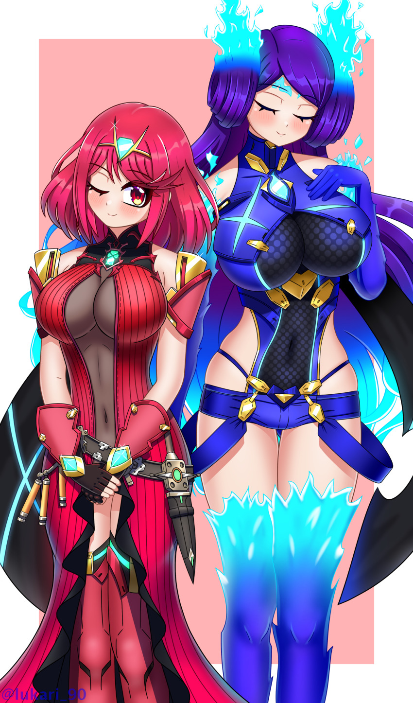 2girls absurdres black_gloves breasts brighid_(xenoblade) chest_jewel closed_eyes color_switch cosplay costume_switch curvy earrings fiery_hair fingerless_gloves floating_earring gloves highres jewelry large_breasts long_hair lukari multiple_girls purple_hair pyra_(xenoblade) red_eyes red_hair short_hair short_shorts shorts swept_bangs thighhighs tiara very_long_hair xenoblade_chronicles_(series) xenoblade_chronicles_2