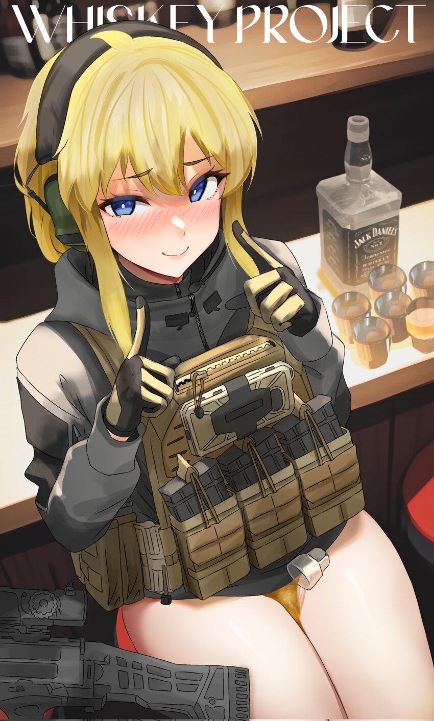 1girl alcohol bar_(place) bar_stool black_gloves blonde_hair blue_eyes bulletproof_vest cellphone counter cup dgkamikaze earmuffs gloves grey_jacket gun hair_between_eyes headset highres hood hood_down hooded_jacket index_finger_raised indie_virtual_youtuber jacket long_sleeves magazine_(weapon) no_panties no_pants on_stool phone sidelocks sitting smartphone smile solo stool textless_version variant_set virtual_youtuber wakamezake weapon whiskey whiskey_project