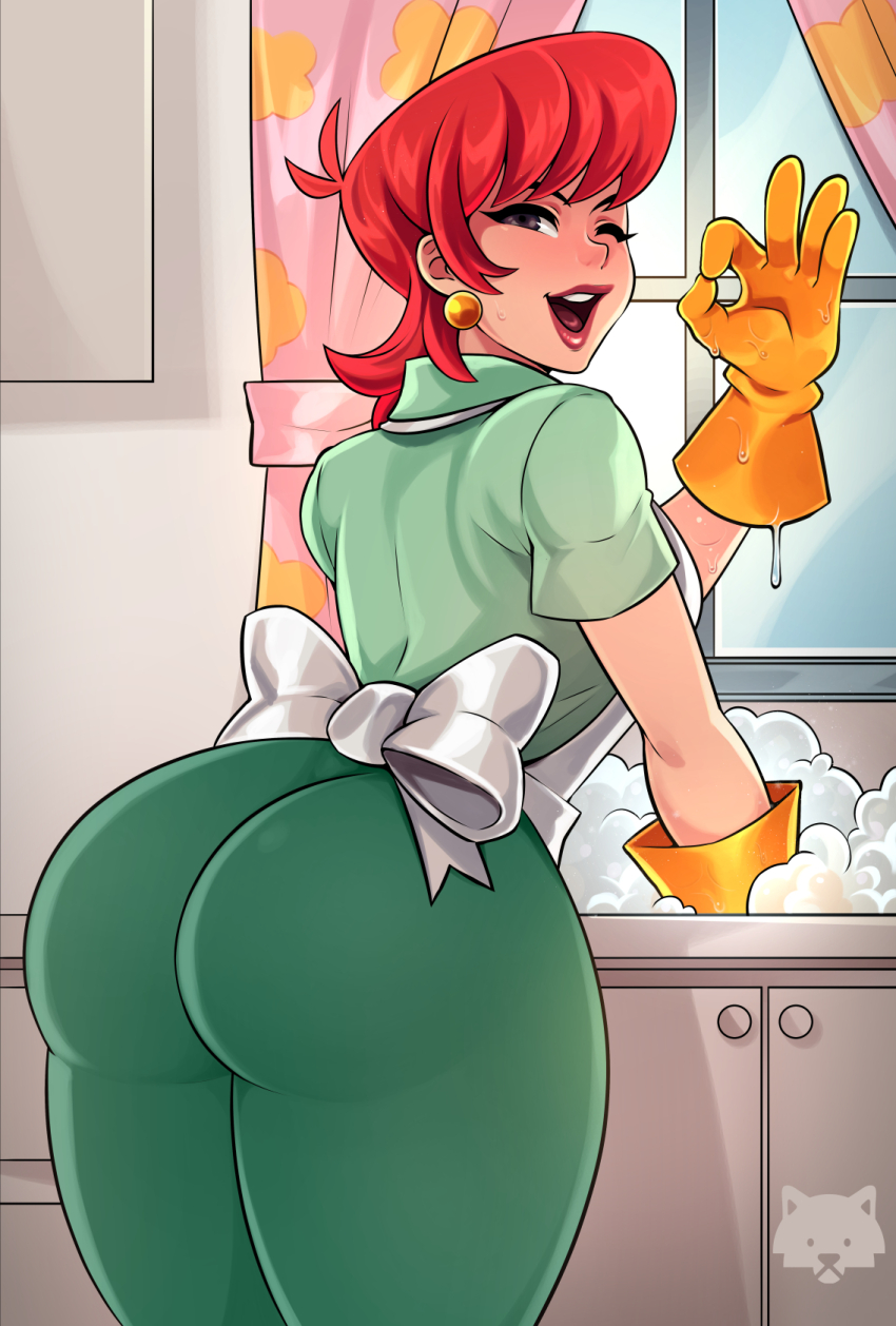 1girl apron artist_logo ass ass_focus curtains dexter&#039;s_laboratory earrings gloves green_pants green_shirt highres huge_ass indoors jewelry josephwolf kitchen looking_at_viewer looking_back mom_(dexter&#039;s_laboratory) ok_sign one_eye_closed open_mouth orange_hair pants shirt short_sleeves solo sphere_earrings white_apron yellow_gloves