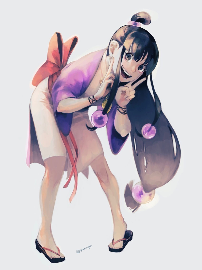 1girl ace_attorney black_hair feet full_body hair_ornament half_updo heel_up highres japanese_clothes jewelry kimono legs long_hair looking_at_viewer magatama maya_fey necklace open_mouth pr_(puru) sandals simple_background smile solo toes white_background zouri