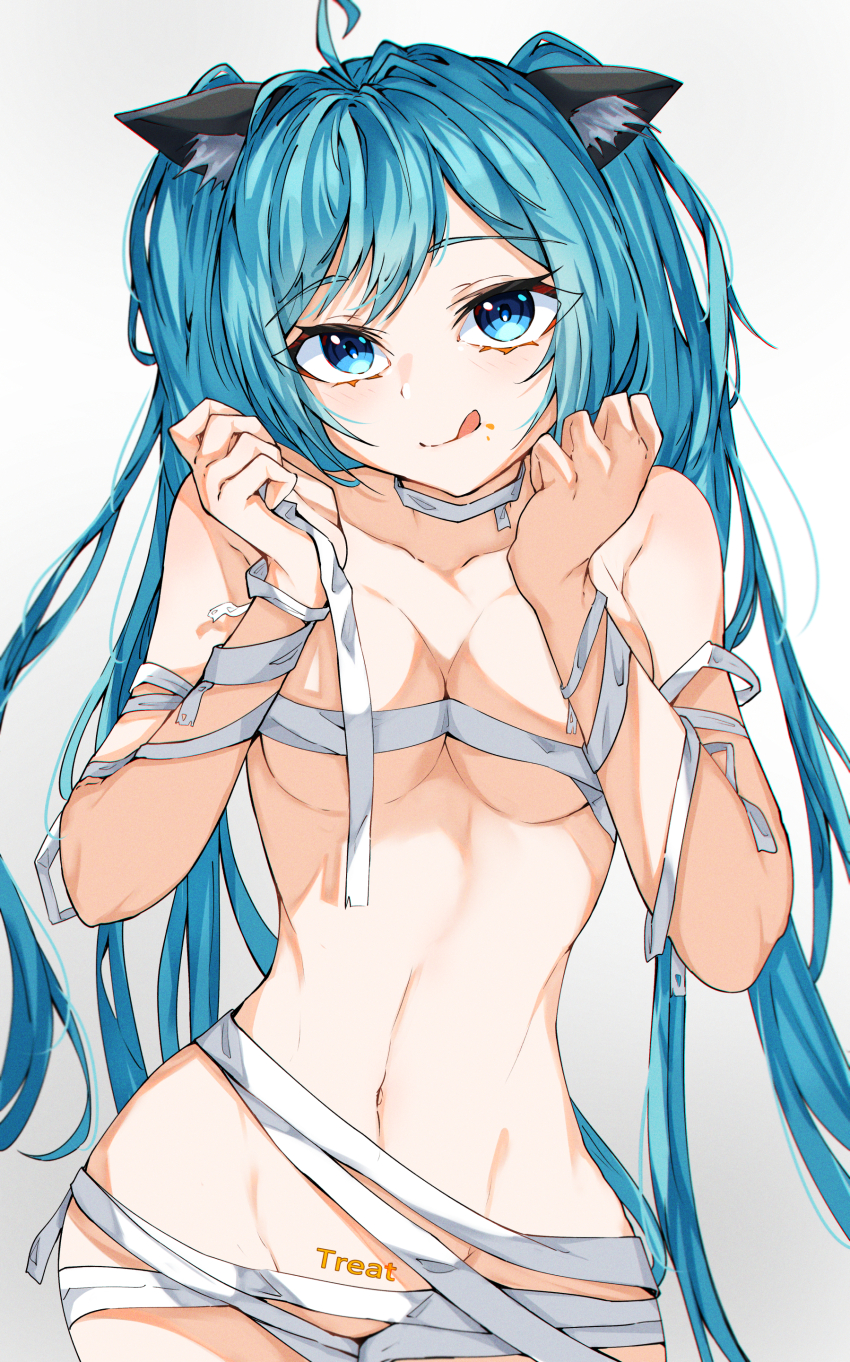 1girl :q absurdres animal_ears aqua_eyes aqua_hair bandages blue_eyes breasts cat_ears censored hatsune_miku highres long_hair looking_at_viewer medium_breasts navel nude sak1_01 solo stomach tongue tongue_out twintails very_long_hair vocaloid