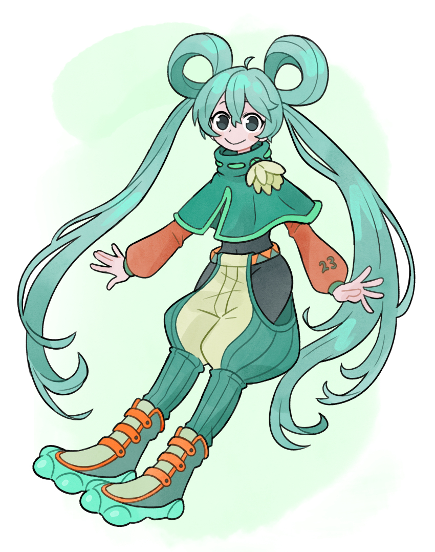 1girl :&gt; absurdres ahoge baggy_pants boots capelet doodlelotl full_body green_capelet green_eyes green_footwear green_hair hatsune_miku highres long_hair long_sleeves looking_at_viewer pants solo standing twintails very_long_hair vocaloid