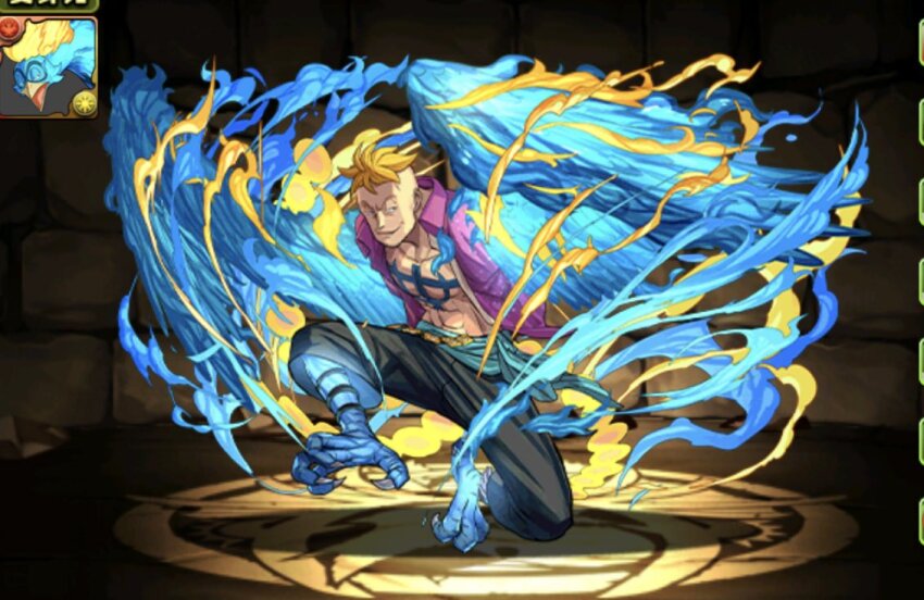 1boy adachi_yousuke alternate_form anchor_tattoo bird blonde_hair blue_sash blue_wings chest_tattoo collared_shirt commentary full_body harpy male_focus marco_(one_piece) monster_girl official_art one_piece phoenix purple_shirt puzzle_&amp;_dragons sash shirt short_hair smile smoke solo tail tattoo wings