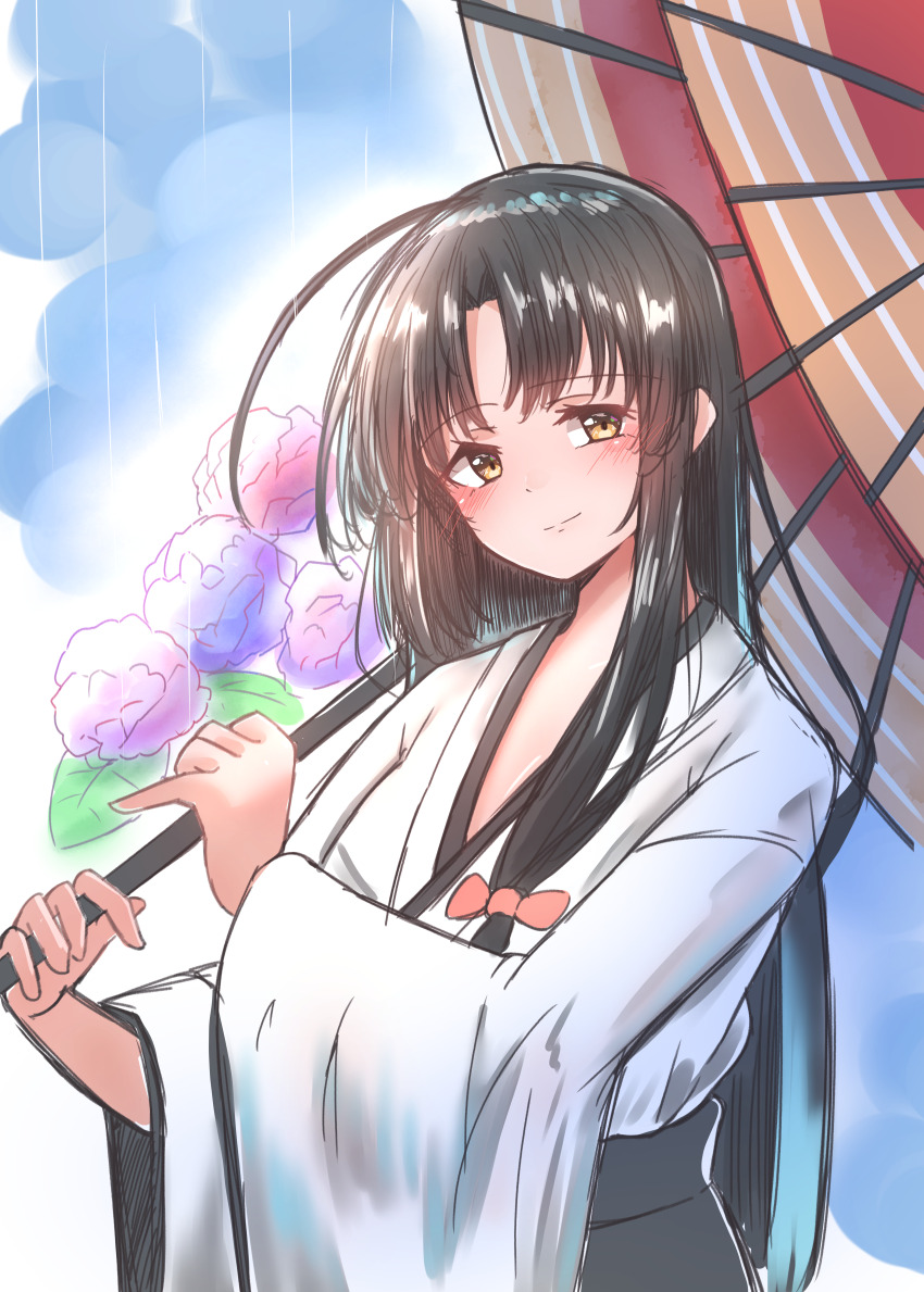 1girl 702_(naotsu) absurdres ahoge black_hair black_hakama brown_eyes flower hakama highres holding holding_umbrella japanese_clothes kantai_collection kimono long_hair oil-paper_umbrella rain shouhou_(kancolle) solo umbrella upper_body white_kimono