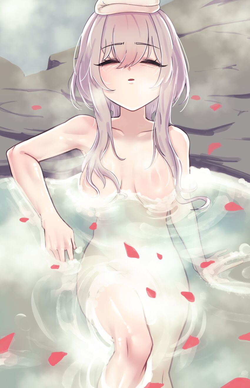 1girl absurdres breasts cchiii closed_eyes completely_nude feet_out_of_frame goddess_of_victory:_nikke grey_hair hair_between_eyes highres long_hair medium_breasts nude onsen open_mouth partially_submerged petals scarlet_(nikke) sitting solo towel towel_on_head water