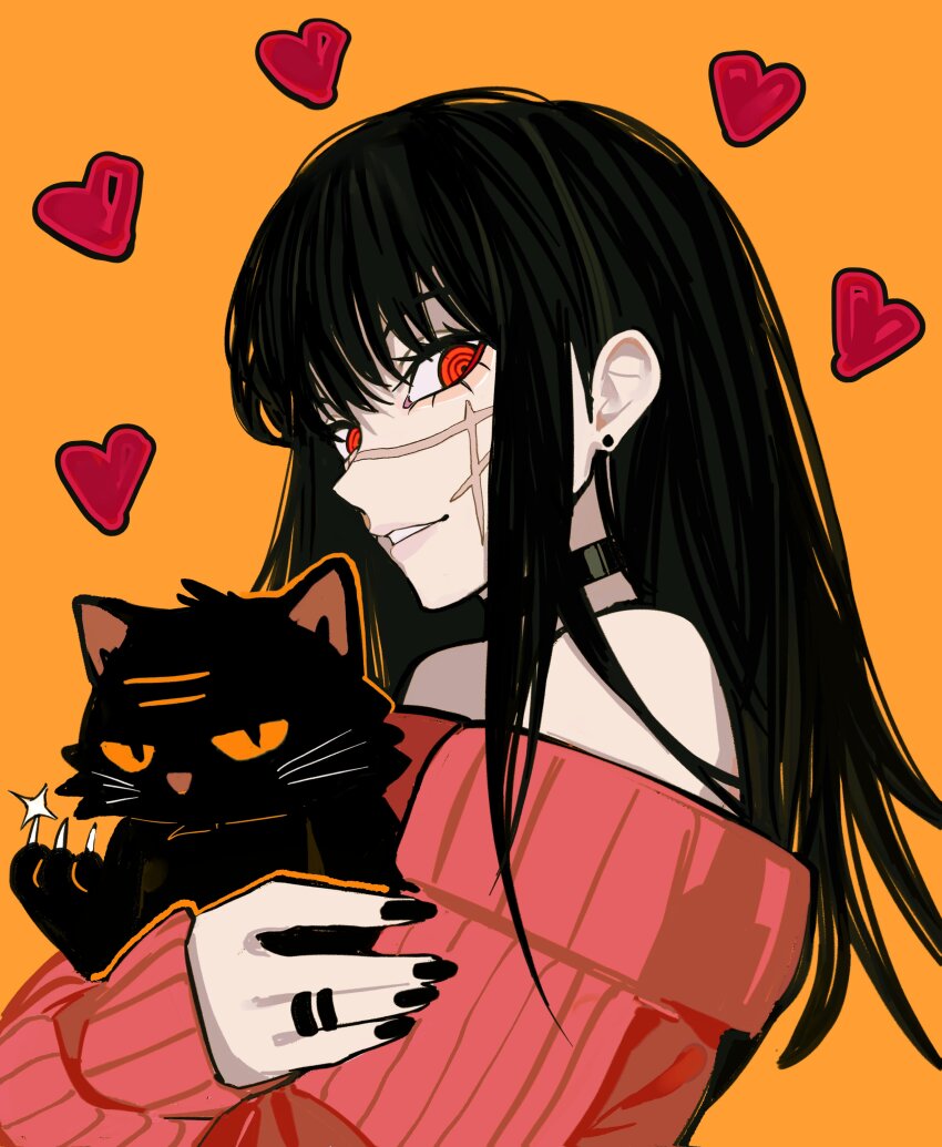 1girl absurdres animal black_cat black_choker black_hair black_nails cat chainsaw_man choker earrings facial_scar heart highres holding holding_animal holding_cat jewelry long_hair looking_at_viewer parted_lips pink_sweater red_eyes ringed_eyes sailen0 scar scar_on_cheek scar_on_face simple_background solo stud_earrings sweater yellow_background yoru_(chainsaw_man)