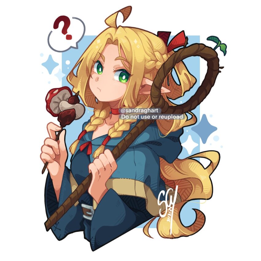 1girl ? blonde_hair blue_capelet blue_robe braid capelet choker commentary dungeon_meshi eating elf english_commentary green_eyes hair_around_ear highres holding holding_skewer long_hair long_sleeves looking_at_viewer marcille_donato multiple_braids mushroom pointy_ears robe sandragh skewer sparkle sprout staff wooden_staff