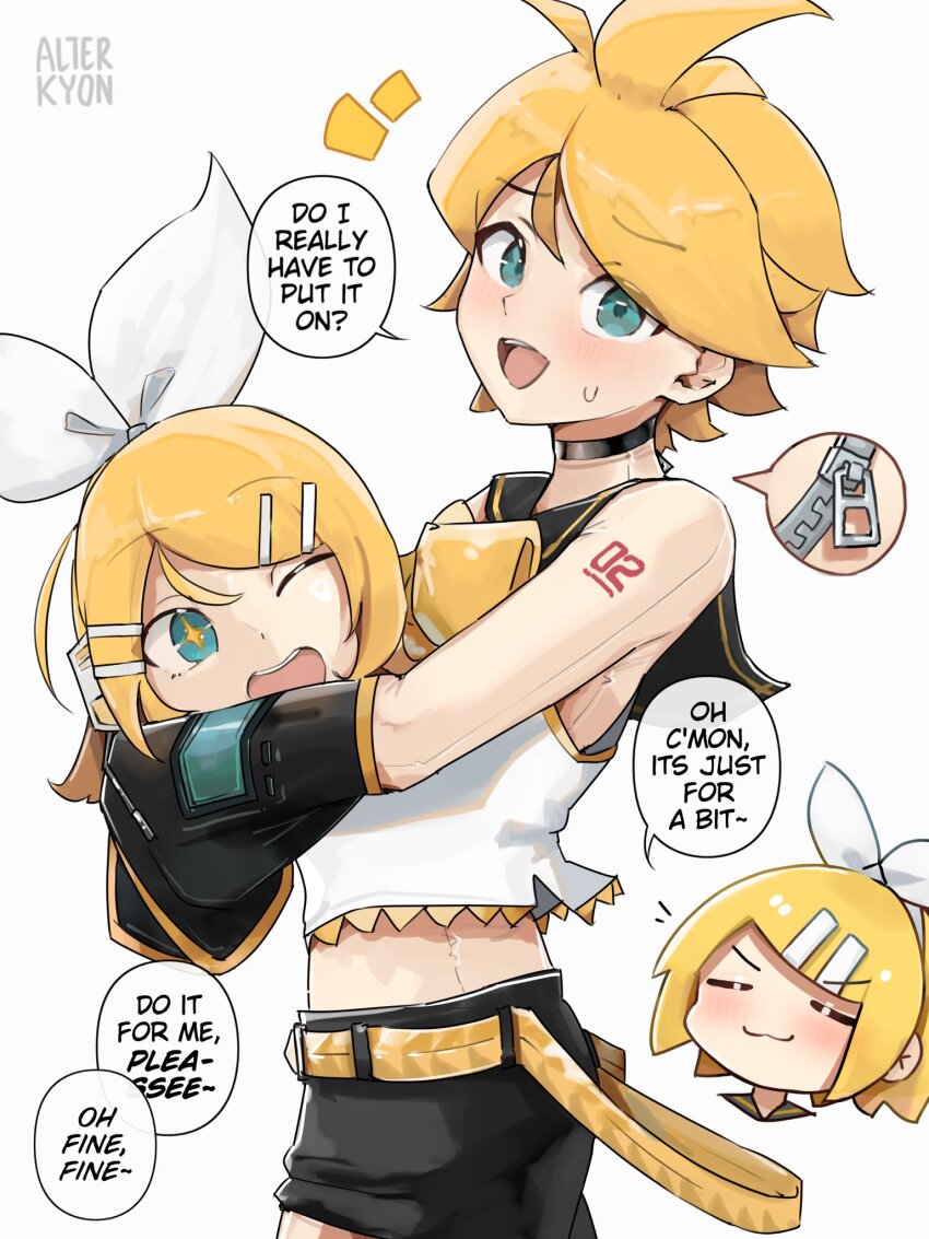 1boy 1girl ahoge alterkyon animegao bare_shoulders blonde_hair blue_eyes cosplay crop_top crop_top_overhang highres kagamine_len kagamine_rin kigurumi mask midriff open_mouth original sailor_collar shorts trap zipper