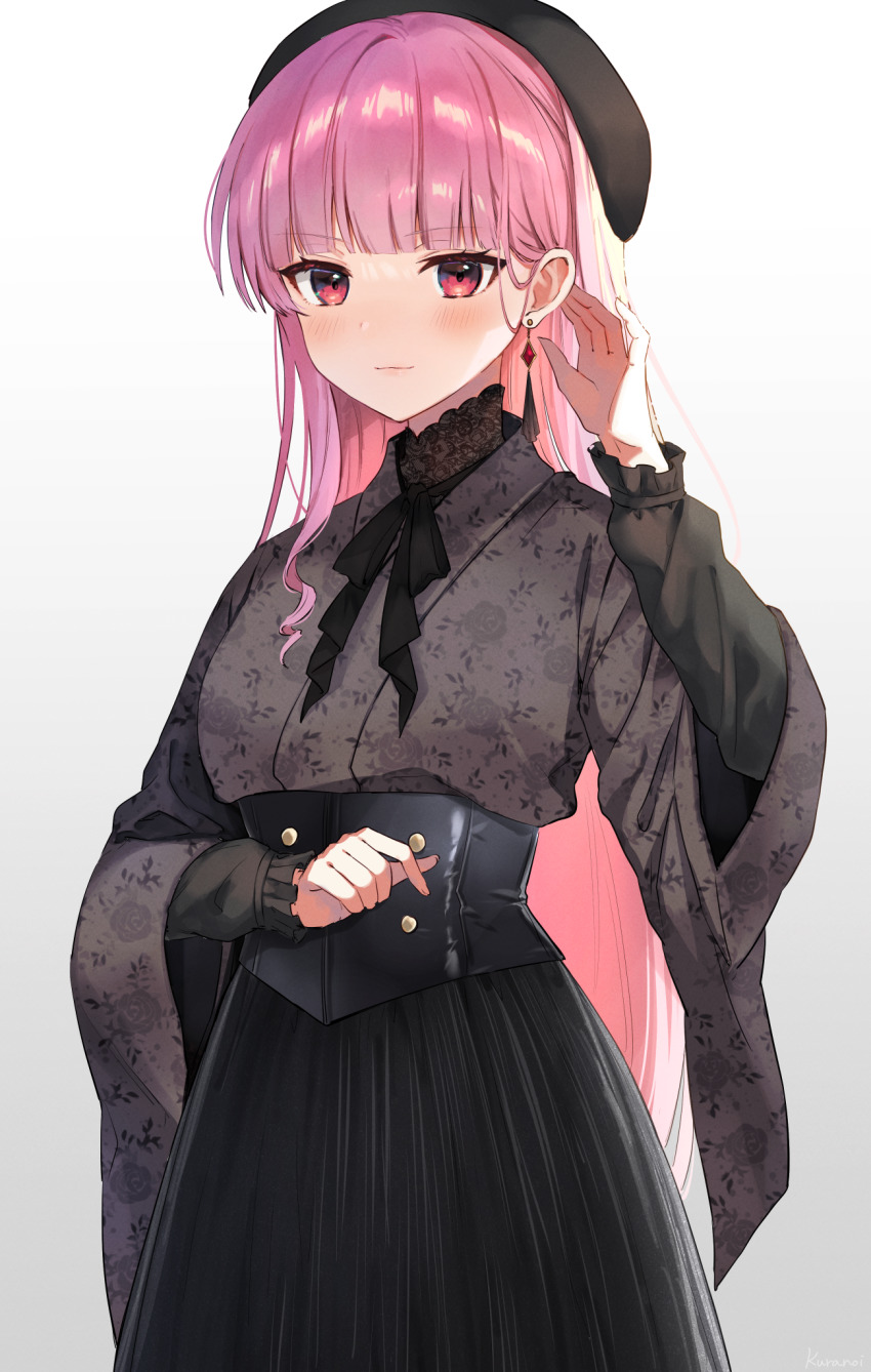 1girl black_kimono blunt_bangs closed_mouth cowboy_shot earrings fingernails floral_print hair_behind_ear high_collar highres hololive hololive_english japanese_clothes jewelry kimono kura_noi long_hair long_sleeves looking_at_viewer mori_calliope pink_hair solo very_long_hair virtual_youtuber wide_sleeves