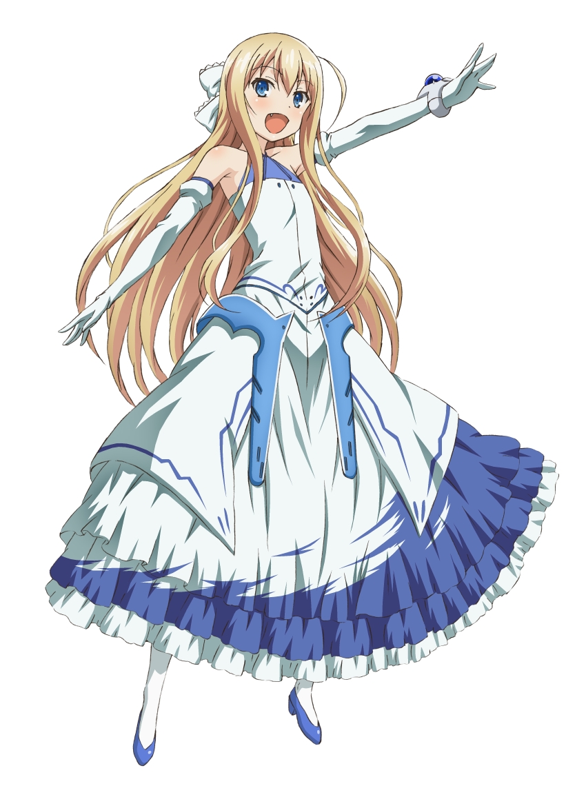 1girl absurdres blonde_hair blue_eyes dress elbow_gloves fang female_focus full_body gloves highres long_hair looking_at_viewer open_mouth outstretched_arm rokujouma_no_shinryakusha!? simple_background sleeveless solo theiamillis_gre_fortorthe white_background white_legwear