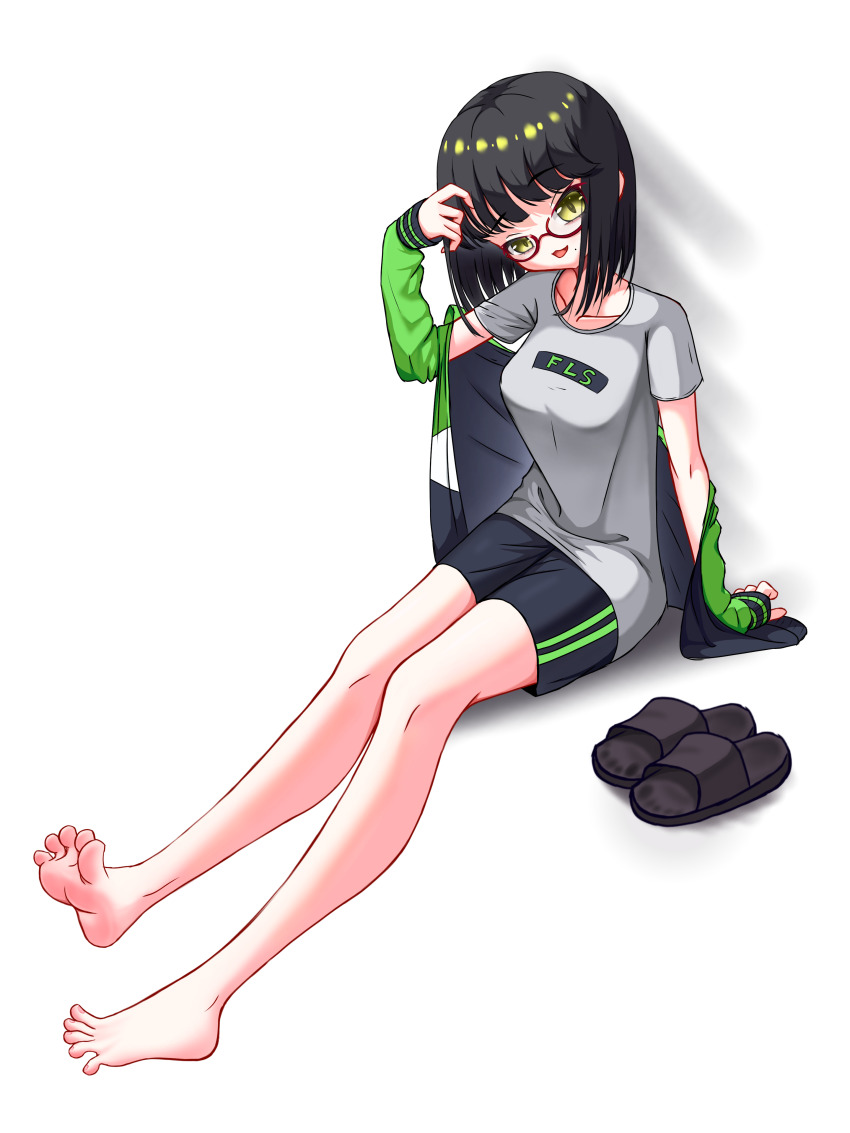 1girl absurdres barefoot black_hair feet glasses highres looking_at_viewer medium_hair open_mouth shirt shoes shorts slippers soles t-shirt toes transparent_background tsukasa49003 unworn_shoes yellow_eyes