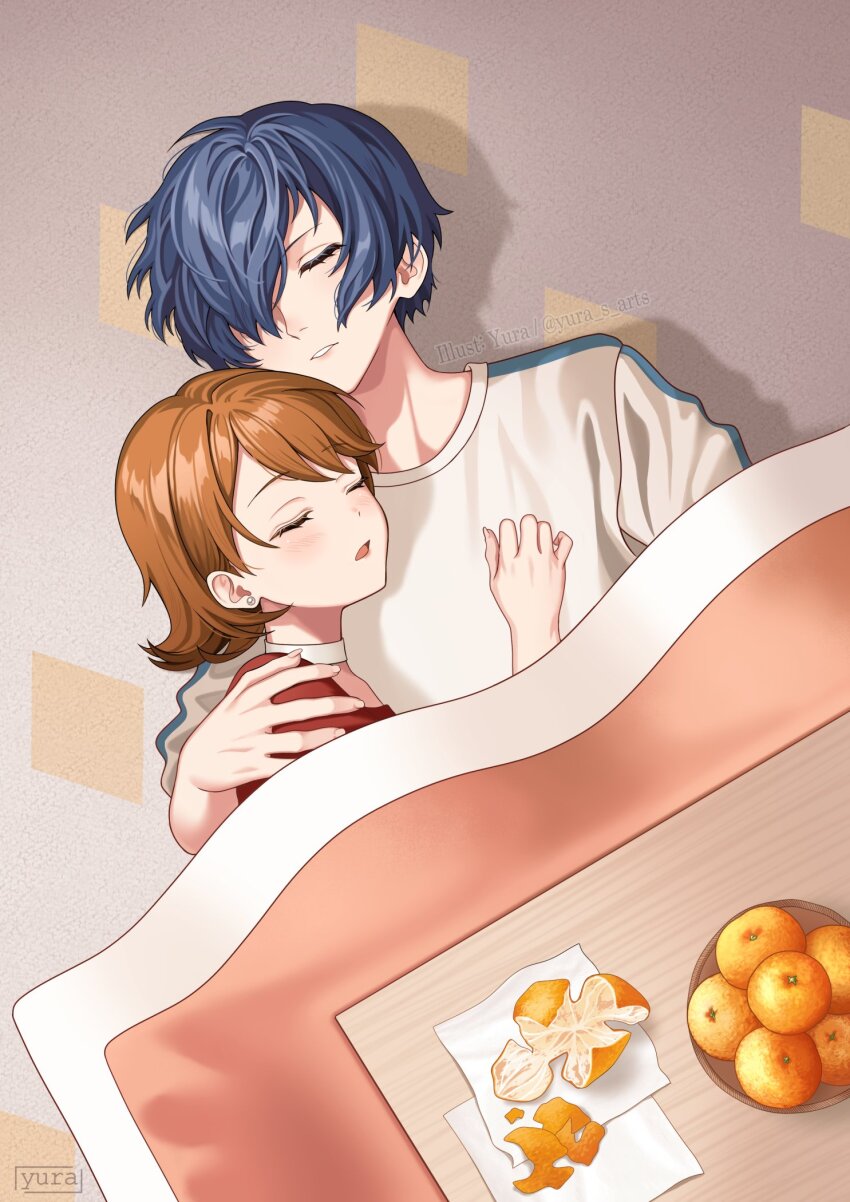 1boy 1girl blue_hair blush brown_hair choker closed_eyes commentary commission couple cuddling earrings english_commentary flipped_hair food from_above fruit fruit_bowl hair_over_one_eye hand_on_another&#039;s_shoulder head_on_another&#039;s_chest highres indoors jewelry kotatsu mandarin_orange open_mouth orange_(fruit) orange_peel parted_lips persona persona_3 persona_3_reload pink_shirt shirt short_hair sleeping stud_earrings table takeba_yukari under_covers upper_body white_choker white_shirt yura_s_arts yuuki_makoto_(persona_3)