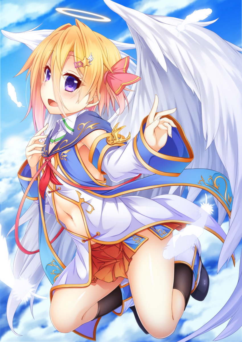 1girl :d absurdres angel_wings blonde_hair blue_eyes blue_sky cloud cloudy_sky day detached_sleeves feathered_wings feathers female_focus flat_chest hair_ornament hair_ribbon hairclip halo highres looking_at_viewer navel no_panties open_mouth original pleated_skirt ribbon skirt sky smile solo traditional_halo wakagi_repa wings