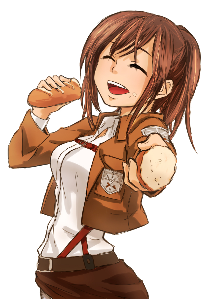 1girl :d ^_^ absurdres bad_id bad_pixiv_id belt bread brown_hair closed_eyes emblem female_focus food food_on_face highres holding jacket military military_uniform oki oki(woki) open_mouth ponytail round_teeth sasha_blouse shingeki_no_kyojin short_hair simple_background smile solo teeth white_background