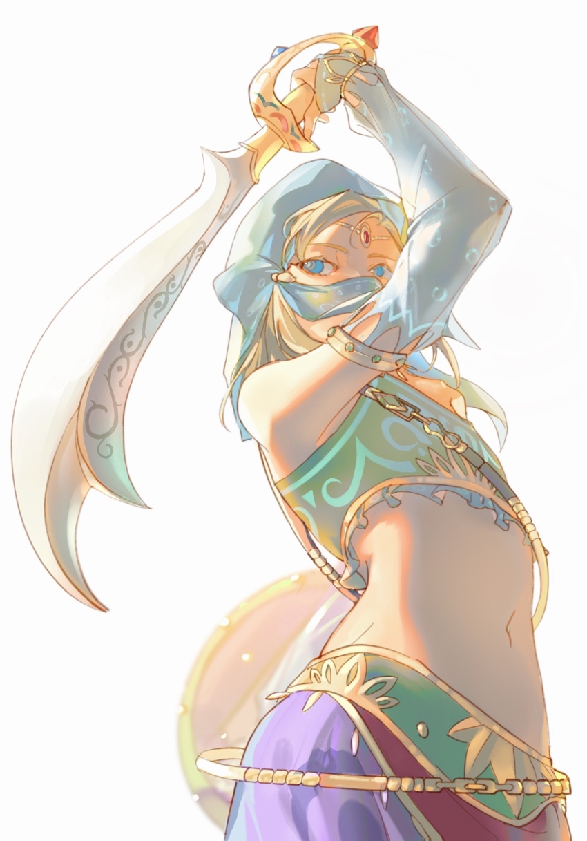 1boy arabian_clothes blue_eyes bridal_gauntlets crossdressing forehead_jewel gerudo_set_(zelda) halterneck highres holding holding_sword holding_weapon jiaocha_0219 link midriff nintendo scimitar shield simple_background solo sword the_legend_of_zelda trap veil weapon white_background