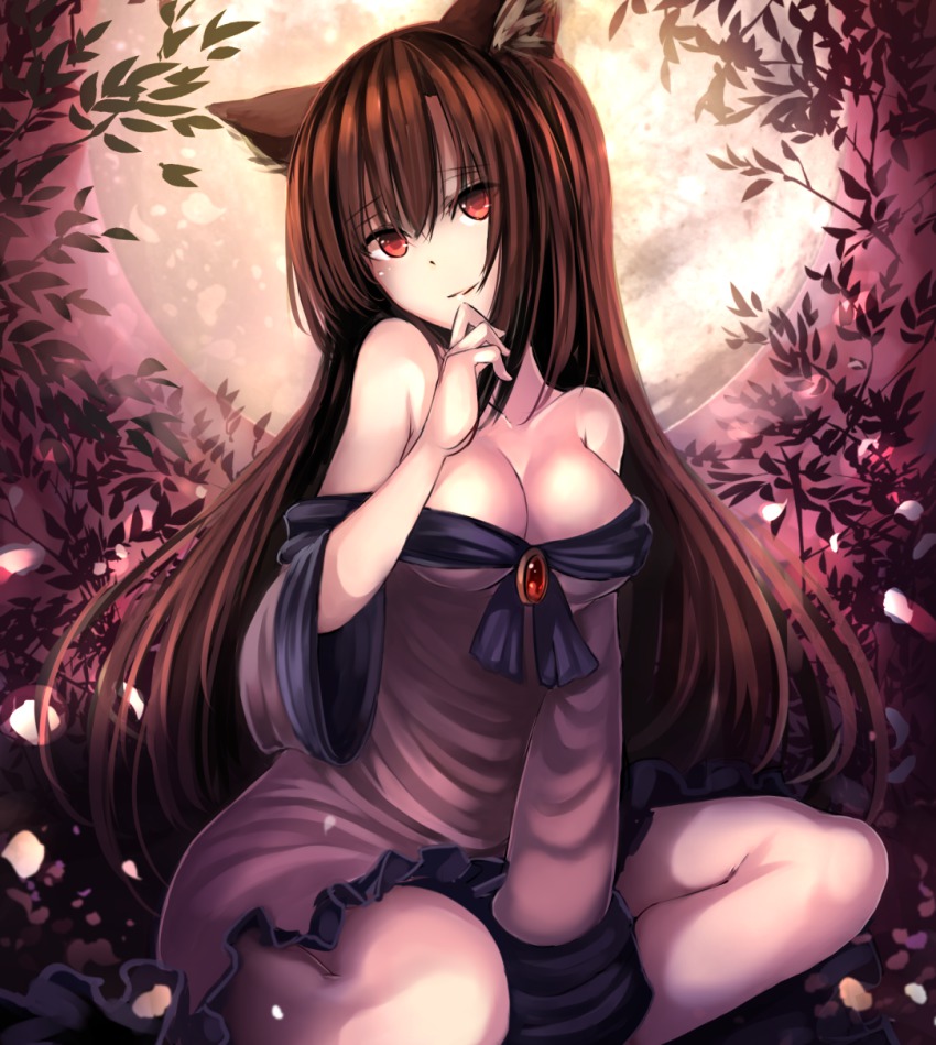 1girl animal_ears bare_shoulders breasts brown_hair cleavage dress female_focus full_moon highres imaizumi_kagerou janne_cherry long_hair long_sleeves looking_at_viewer moon off_shoulder red_eyes sitting smile solo touhou wide_sleeves wolf_ears