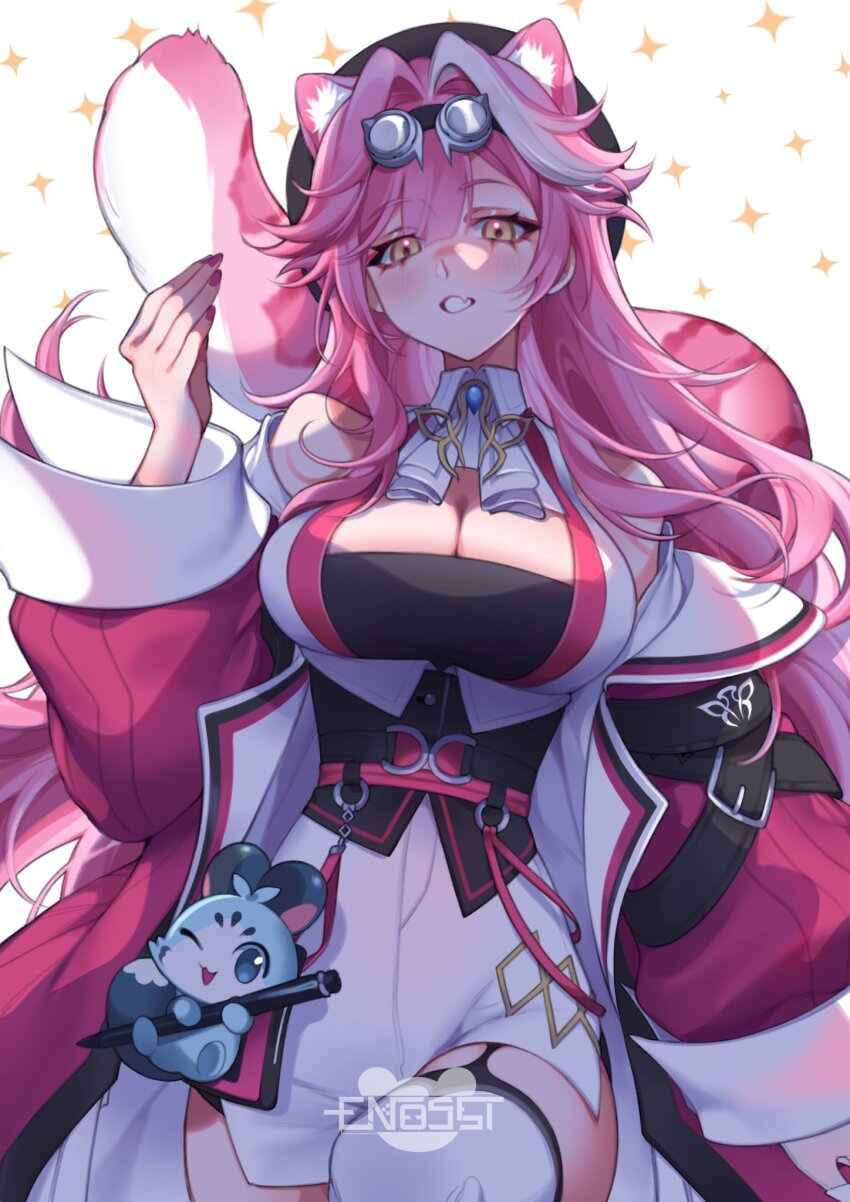 1girl animal_ears blush breasts chattino_(raora_panthera) cleavage_cutout clothing_cutout enosst fang feet_out_of_frame goggles goggles_on_head hololive hololive_english italian_gesture jacket large_breasts long_hair looking_down nails o-ring open_mouth pen pink_hair raora_panthera tail teeth thighhighs virtual_youtuber yellow_eyes