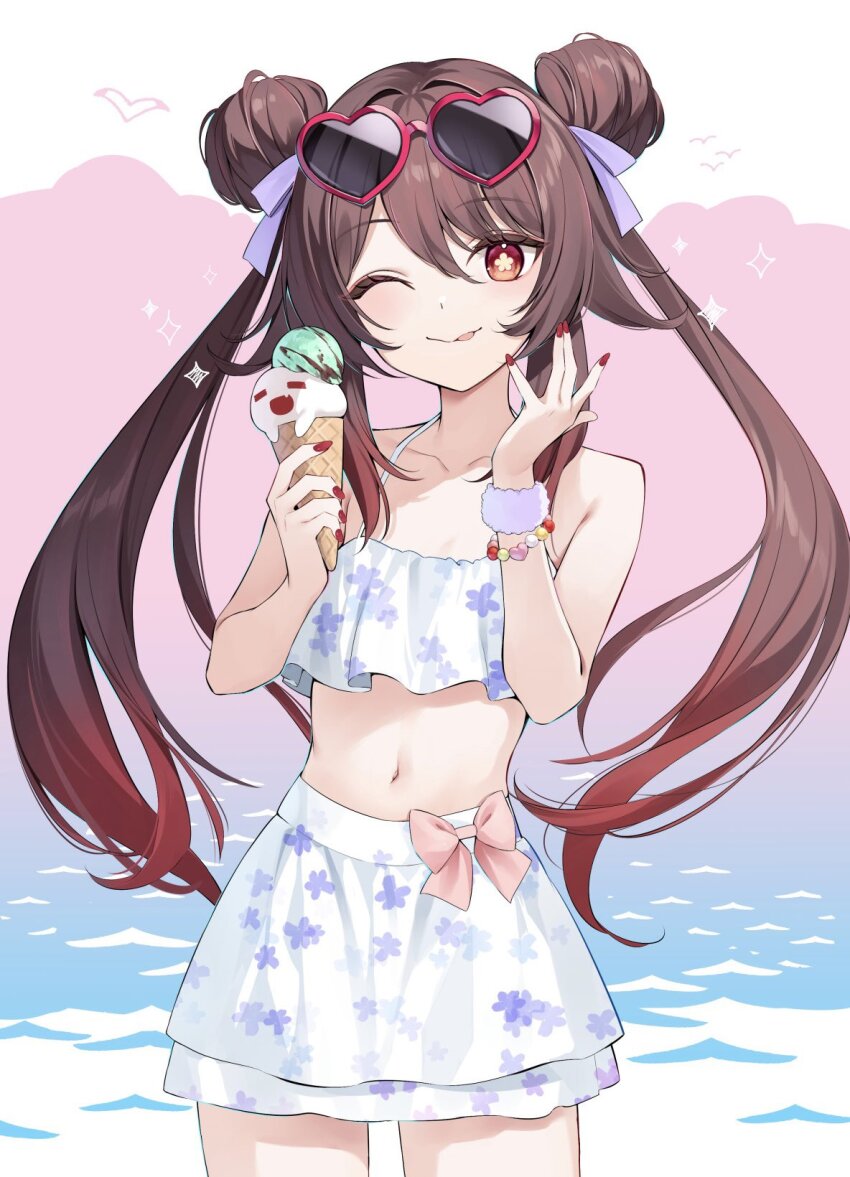 1girl ;p alternate_costume bare_shoulders bikini bow brown_hair commentary_request cowboy_shot double_bun eyewear_on_head fingernails flower-shaped_pupils genshin_impact gradient_hair hair_between_eyes hair_bun hands_up heart heart-shaped_pupils highres holding holding_ice_cream_cone hu_tao_(genshin_impact) ice_cream_cone long_hair looking_at_viewer multicolored_hair nail_polish navel one_eye_closed red-framed_eyewear red_bow red_eyes red_hair red_nails skirt solo stomach swimsuit symbol-shaped_pupils tinted_eyewear tokitamago_(tokita_mago1) tongue tongue_out twintails very_long_hair white_bikini white_skirt