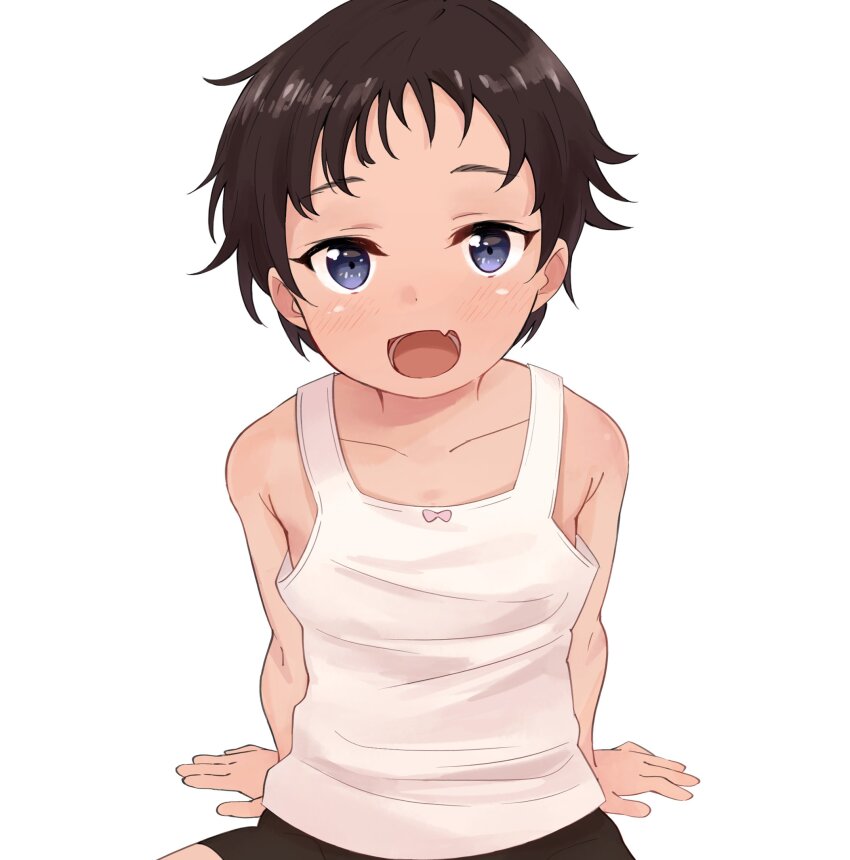 1girl arm_support bare_shoulders black_hair blue_eyes blush check_copyright commission copyright_request flat_chest highres looking_at_viewer nekopantsu_(blt) open_mouth original short_hair simple_background sitting skeb_commission smile solo tank_top white_background white_tank_top