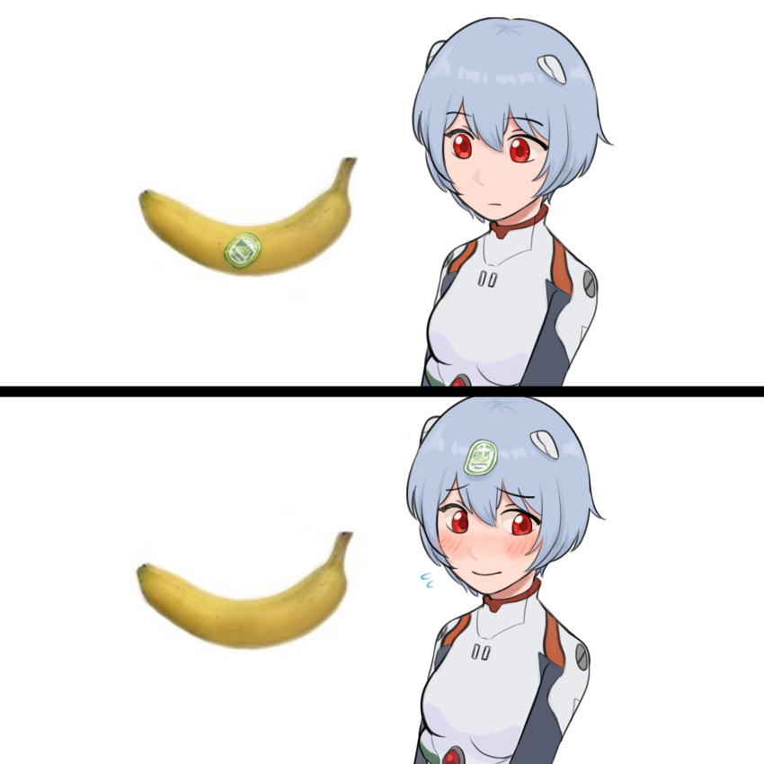 1girl 2koma :| ayanami_rei banana blue_hair blush bodysuit breasts closed_mouth comic expressionless fidgeting food fruit hair_between_eyes highres looking_away neon_genesis_evangelion nvi2762 plugsuit red_eyes simple_background small_breasts smile sticker sweatdrop upper_body white_background white_bodysuit