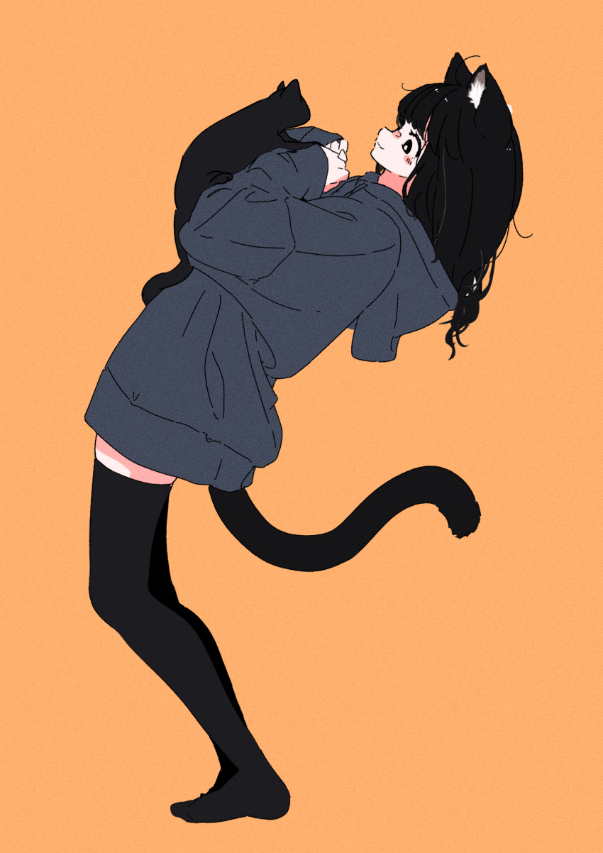 1girl animal_ear_fluff animal_ears black_cat black_eyes black_thighhighs blush_stickers cat cat_ears cat_girl cat_tail from_side highres hood hoodie leaning_back long_hair megateru orange_background original oversized_clothes solo tail thighhighs