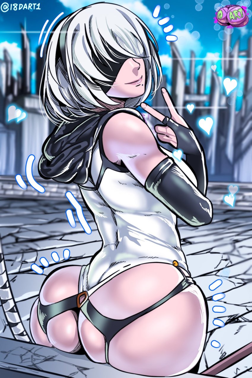 1girl artist_name ass ass_support bare_shoulders black_blindfold blindfold bridal_gauntlets d-art elbow_gloves gloves hairband heart highres hood huge_ass leotard looking_at_viewer looking_back nier_(series) nier:automata short_hair sleeveless smile solo v white_hair 2b_(nier:automata)