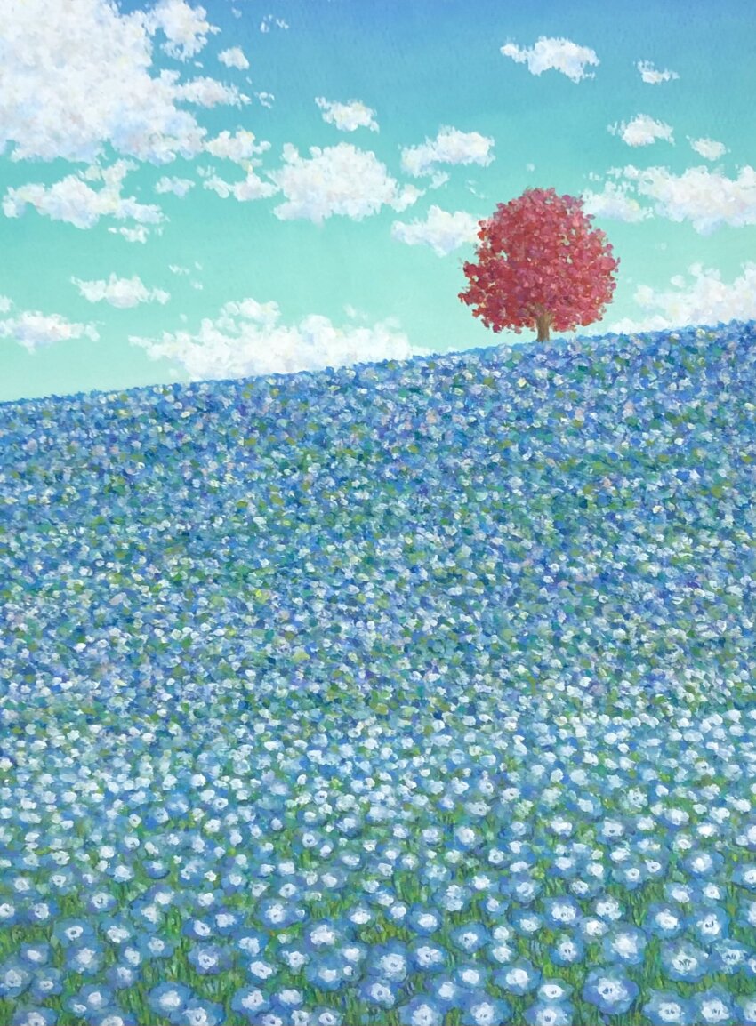 blue_flower blue_sky cloud cloudy_sky day field flower flower_field highres hill keitatsujia no_humans original painting_(medium) plant scenery sky traditional_media